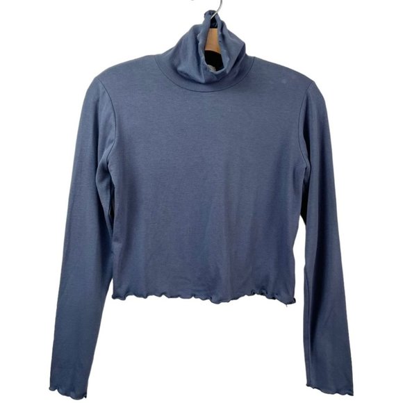 OAK + FORT Tops - OAK + FORT Blue Lettuce Trim Crop Turtleneck Top Size M